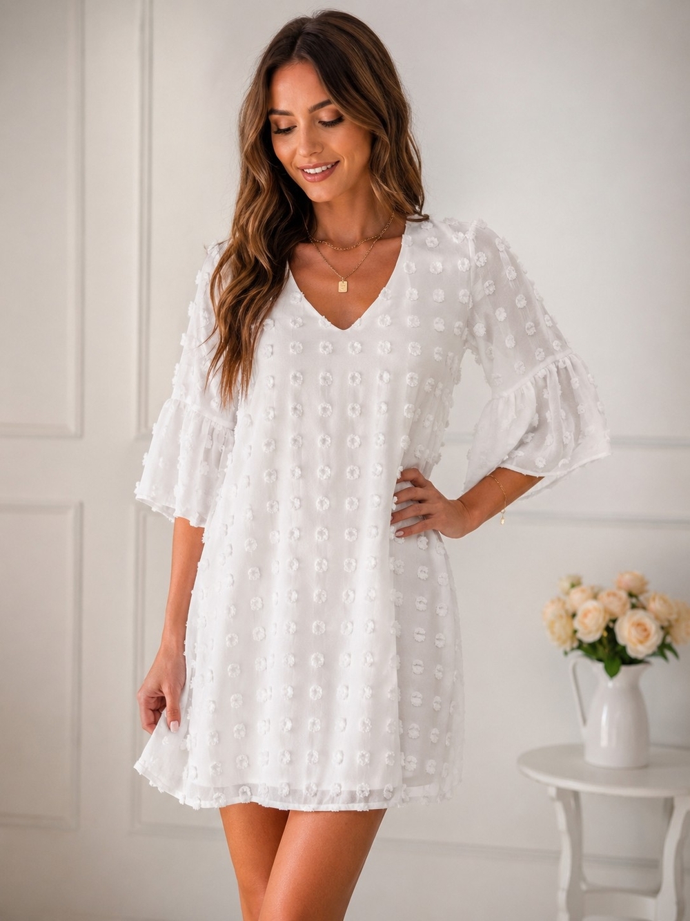 Cute! White Textured Mini Dress with V-Neck 12B0387